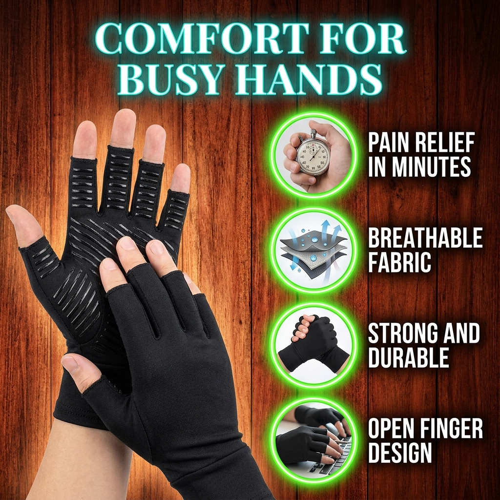 Comfort for busy hands: relief in minutes, breathable fabric, durable, open finger design