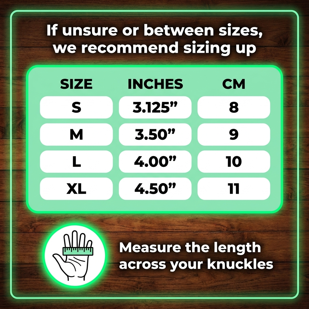 Size chart: S 3.125 in, M 3.5 in, L 4 in, XL 4.5 in, measured across the knuckles