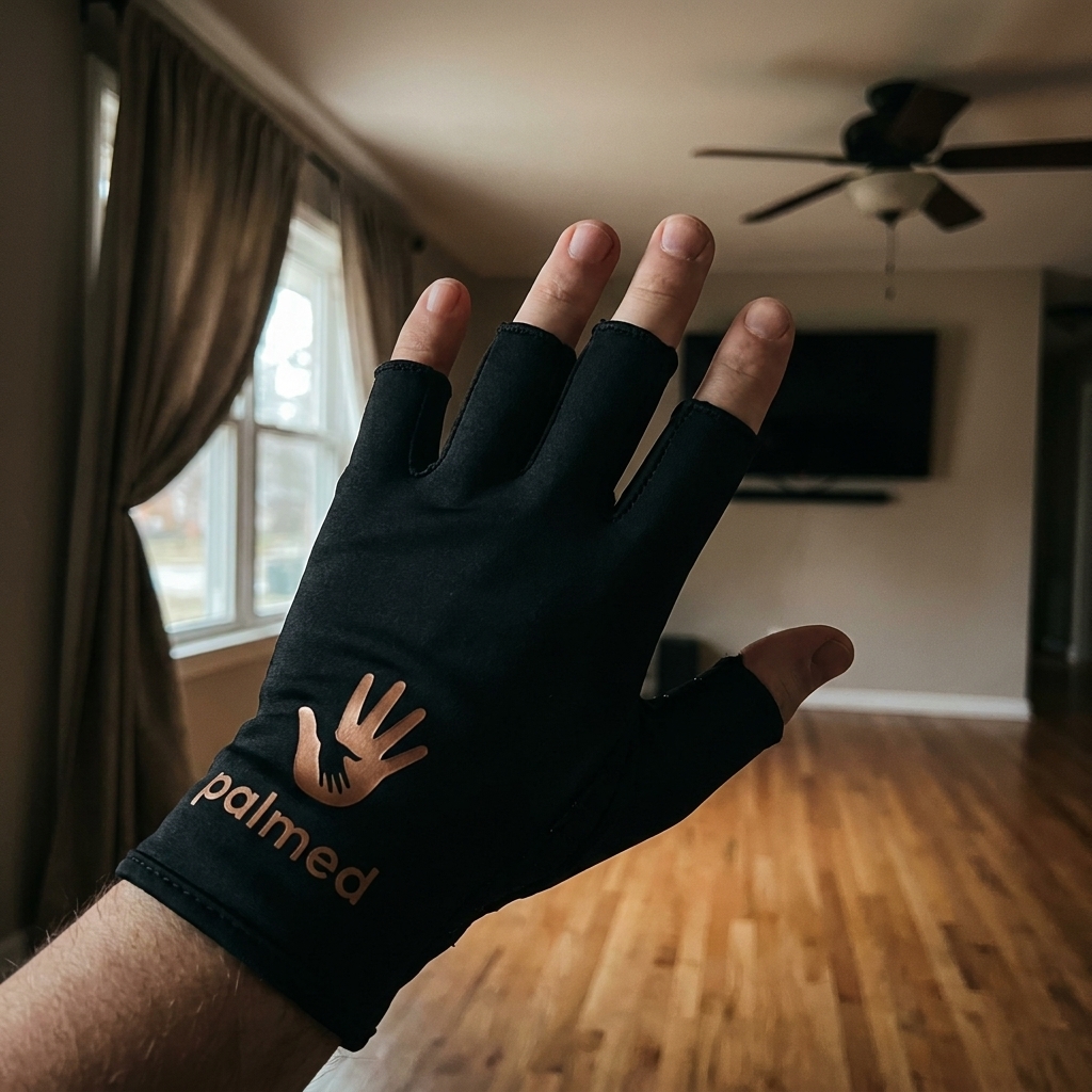 Older adult buttoning a shirt while wearing Palmed gloves